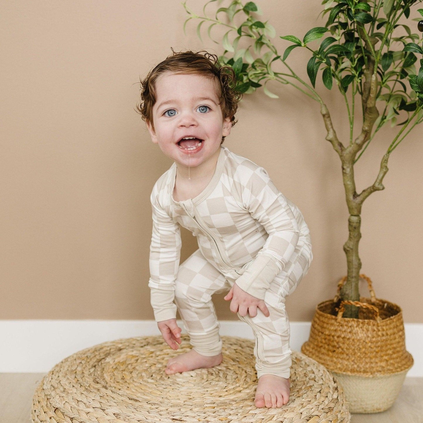 Neutral Checker Bamboo Zippy Romper - Little Joy Co.