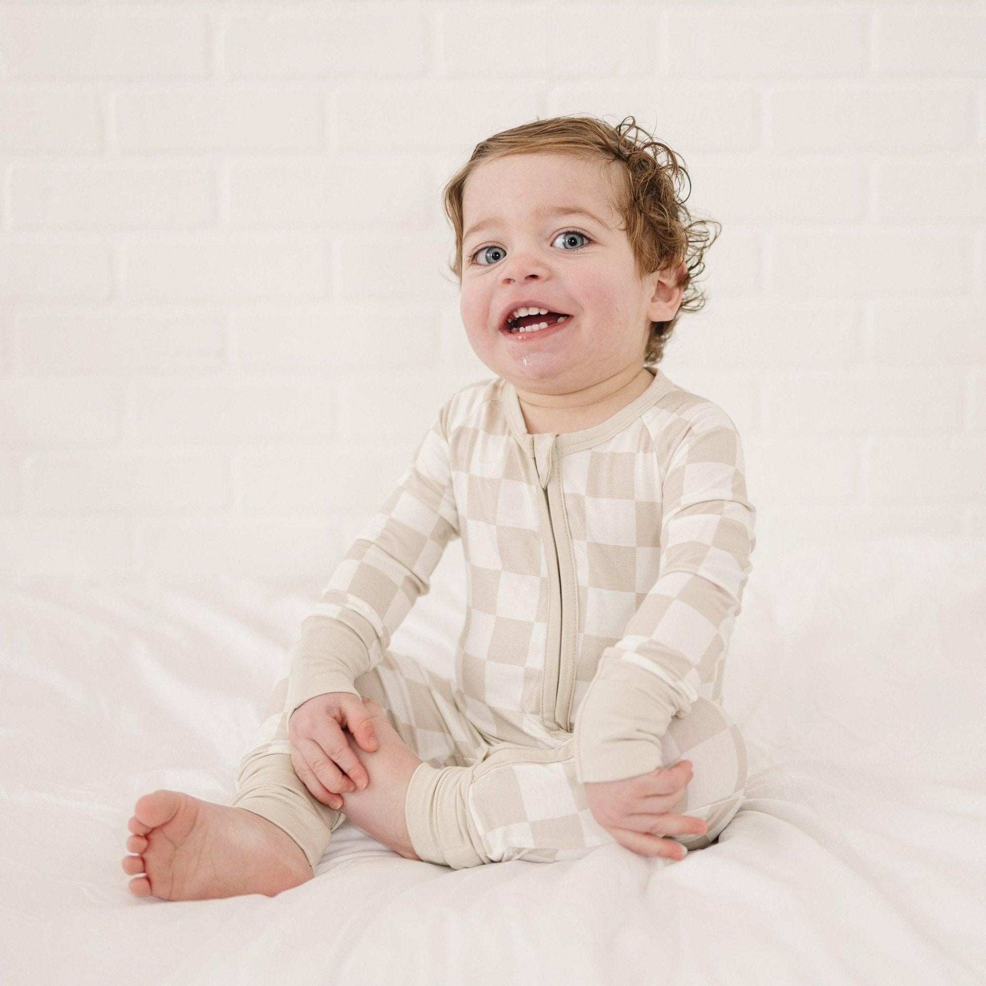 Neutral Checker Bamboo Zippy Romper - Little Joy Co.