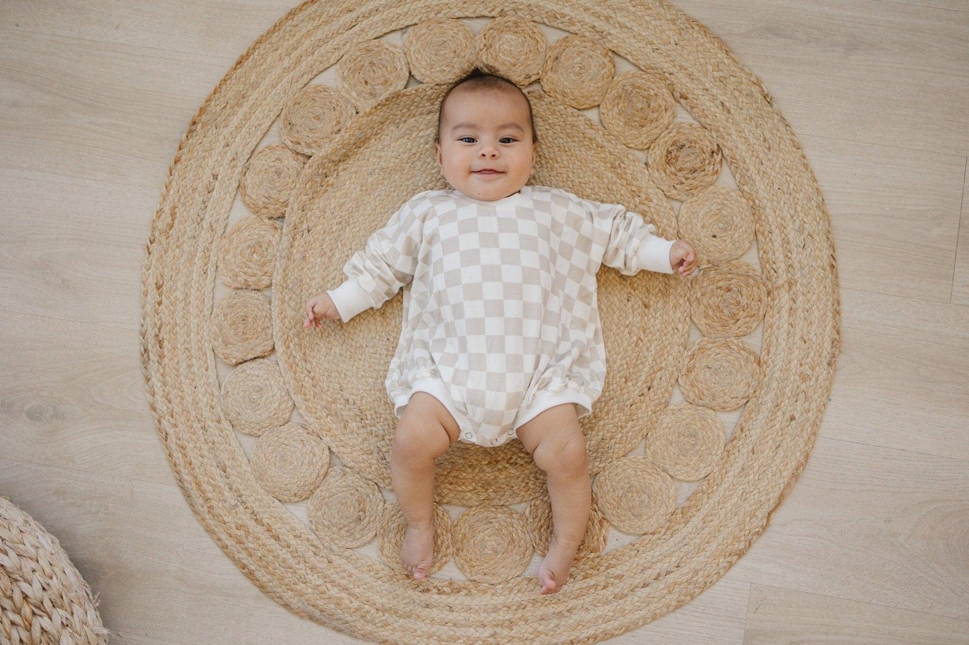 Neutral Checkered Bamboo Bubble Romper - Little Joy Co.