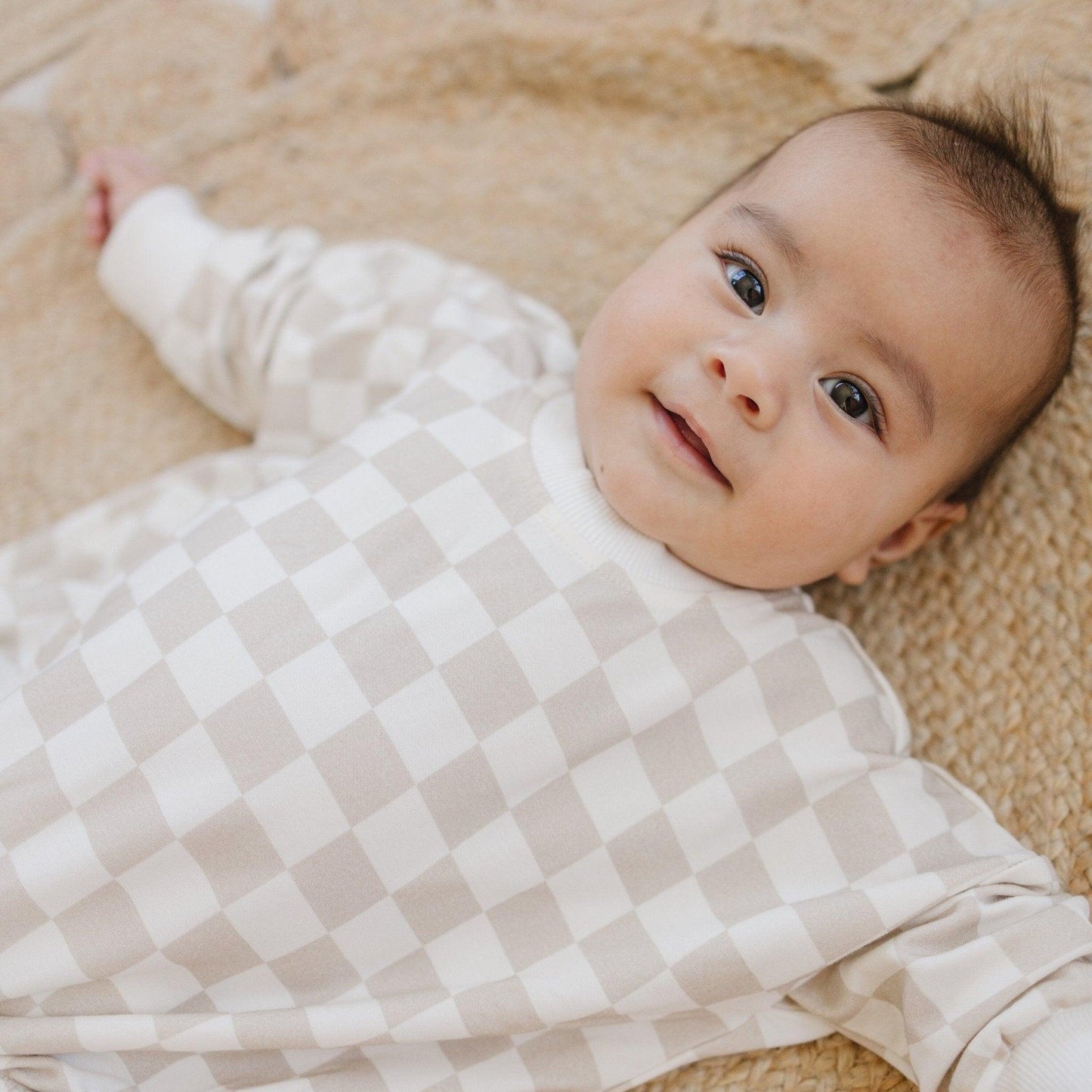 Neutral Checkered Bamboo Bubble Romper - Little Joy Co.