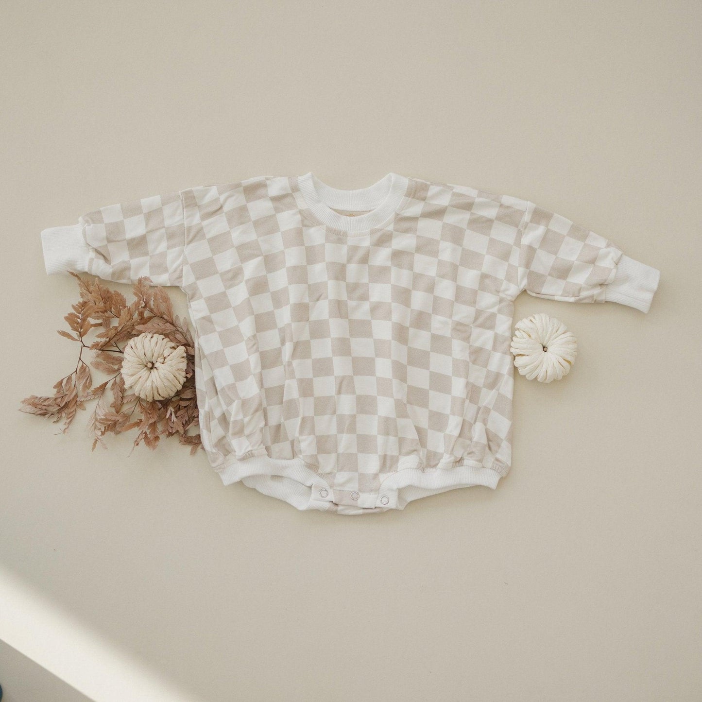 Neutral Checkered Bamboo Bubble Romper - Little Joy Co.