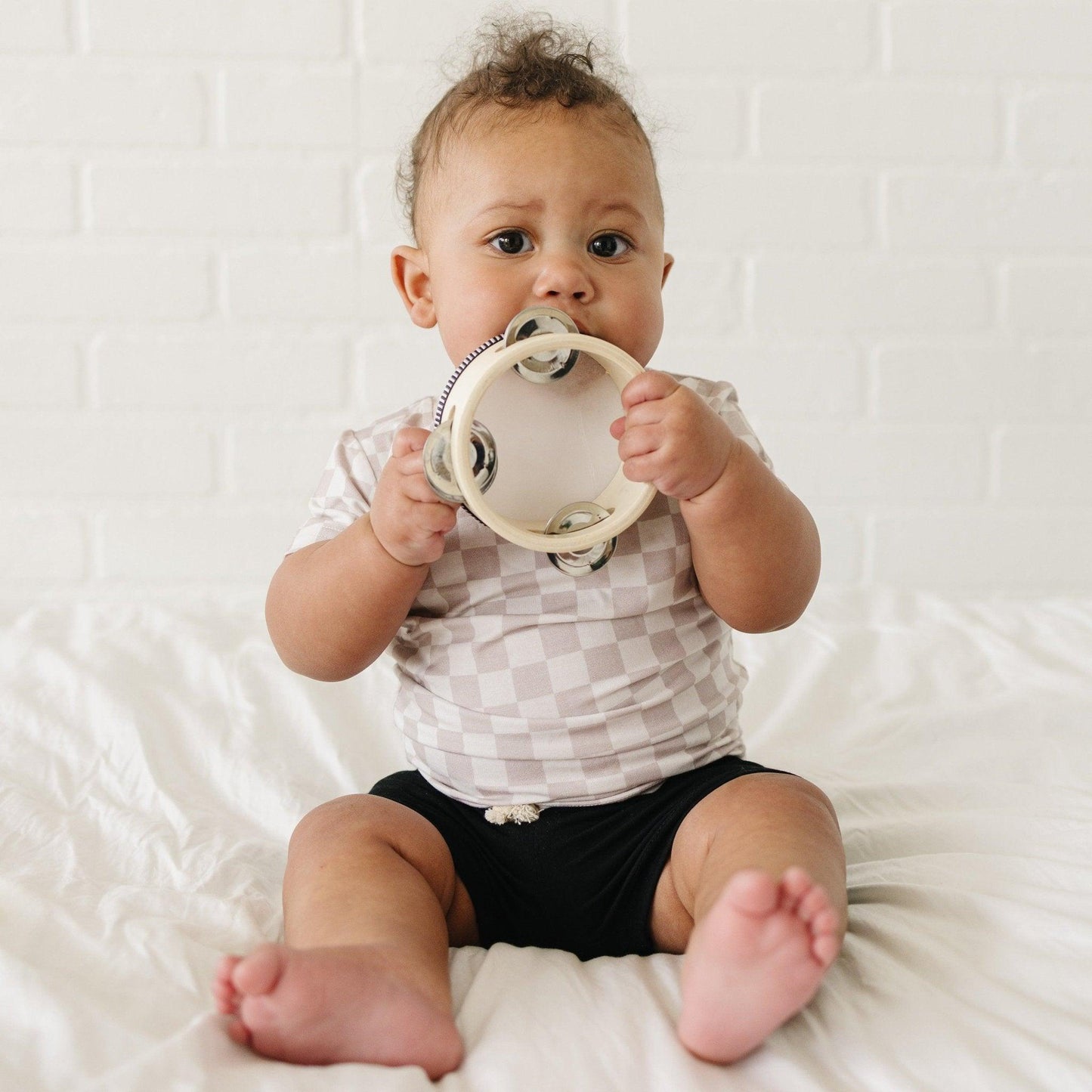 Neutral Checkered Bamboo Tee - Little Joy Co.