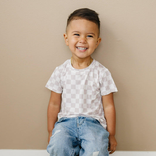 Neutral Checkered Bamboo Tee - Little Joy Co.