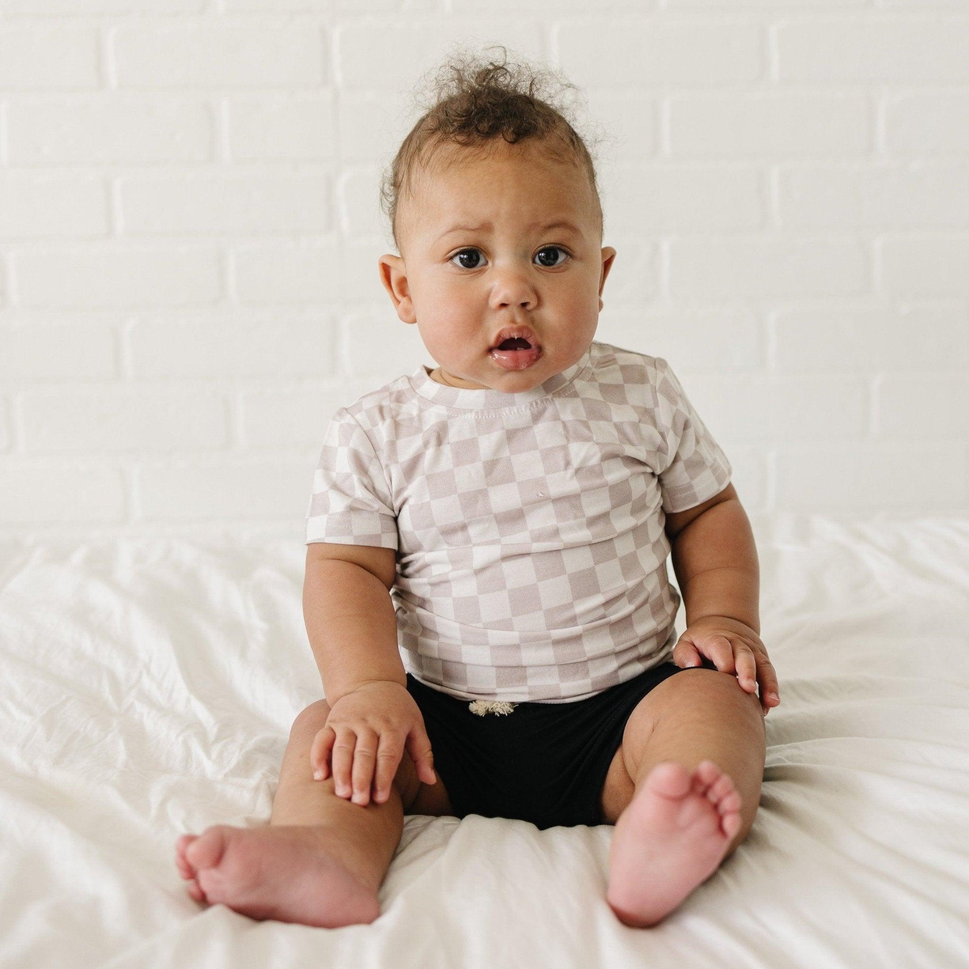 Neutral Checkered Bamboo Tee - Little Joy Co.