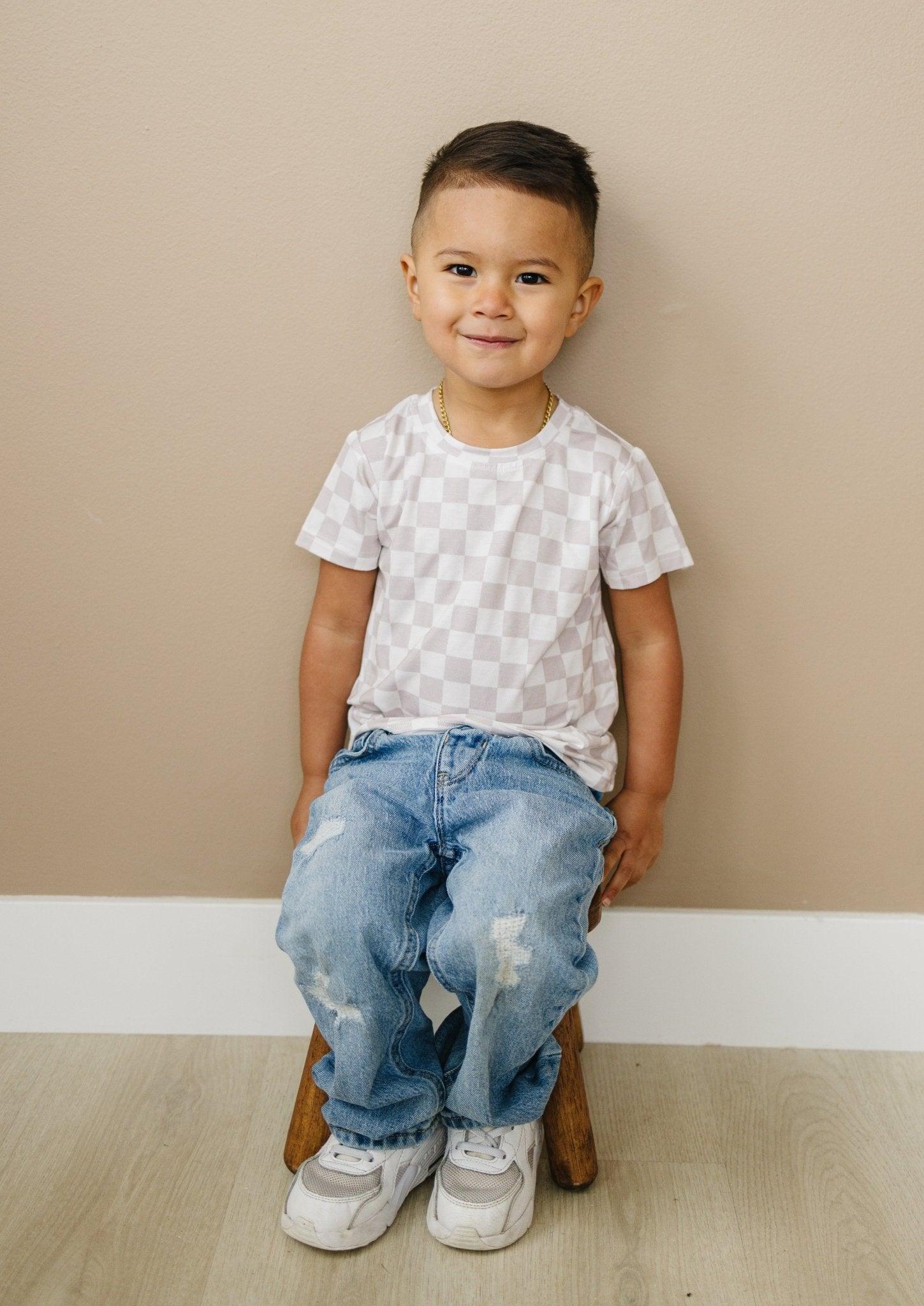 Neutral Checkered Bamboo Tee - Little Joy Co.