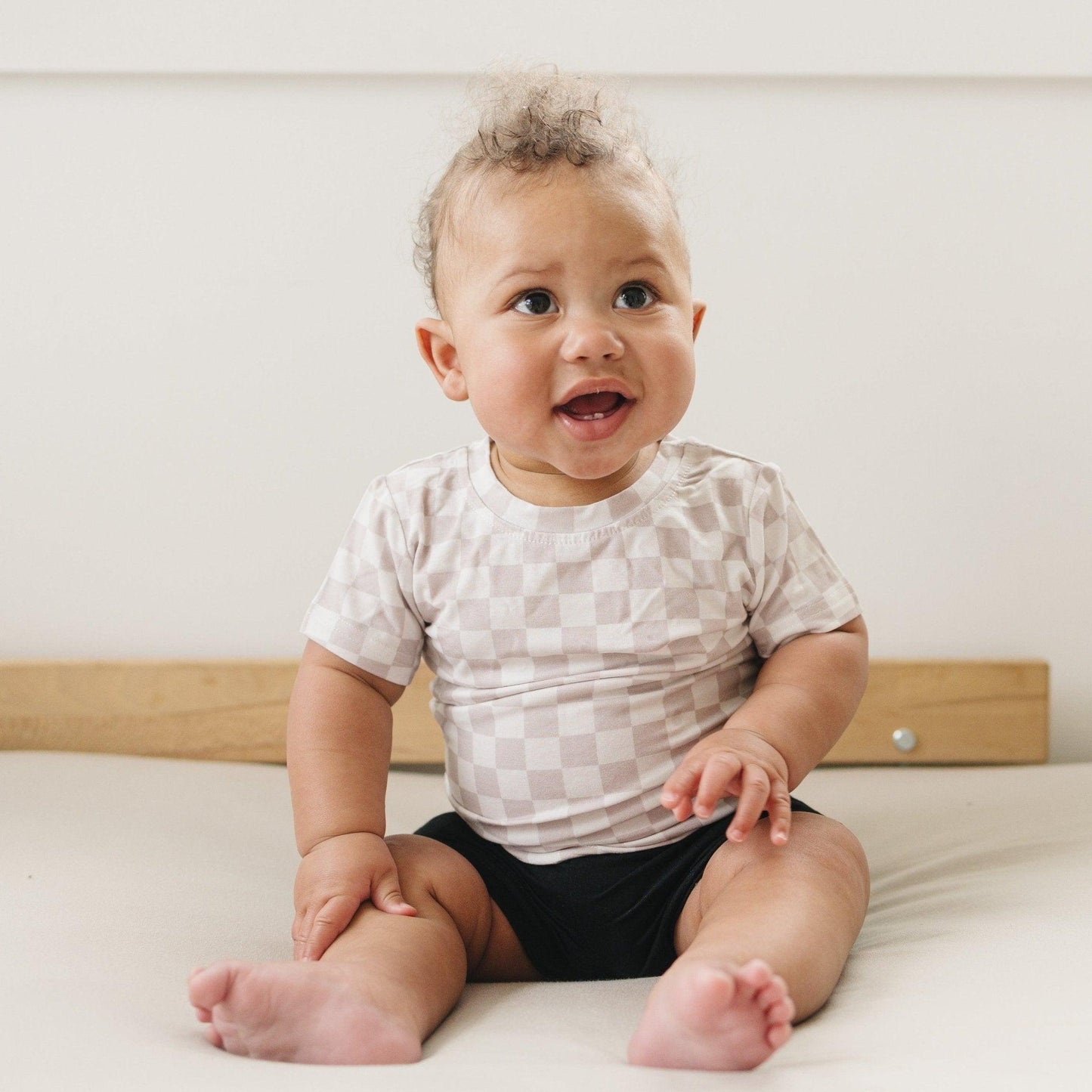 Neutral Checkered Bamboo Tee - Little Joy Co.