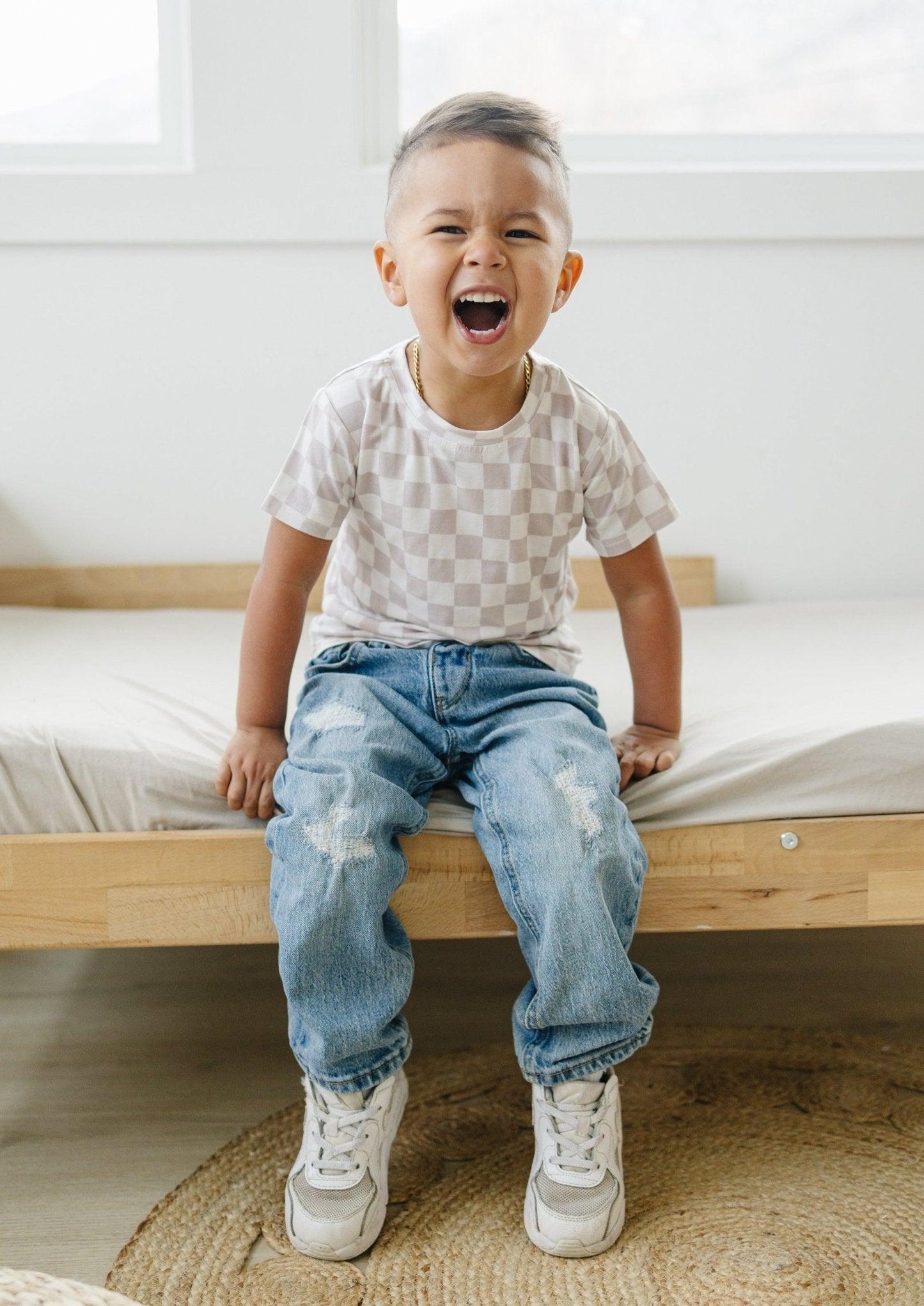 Neutral Checkered Bamboo Tee - Little Joy Co.