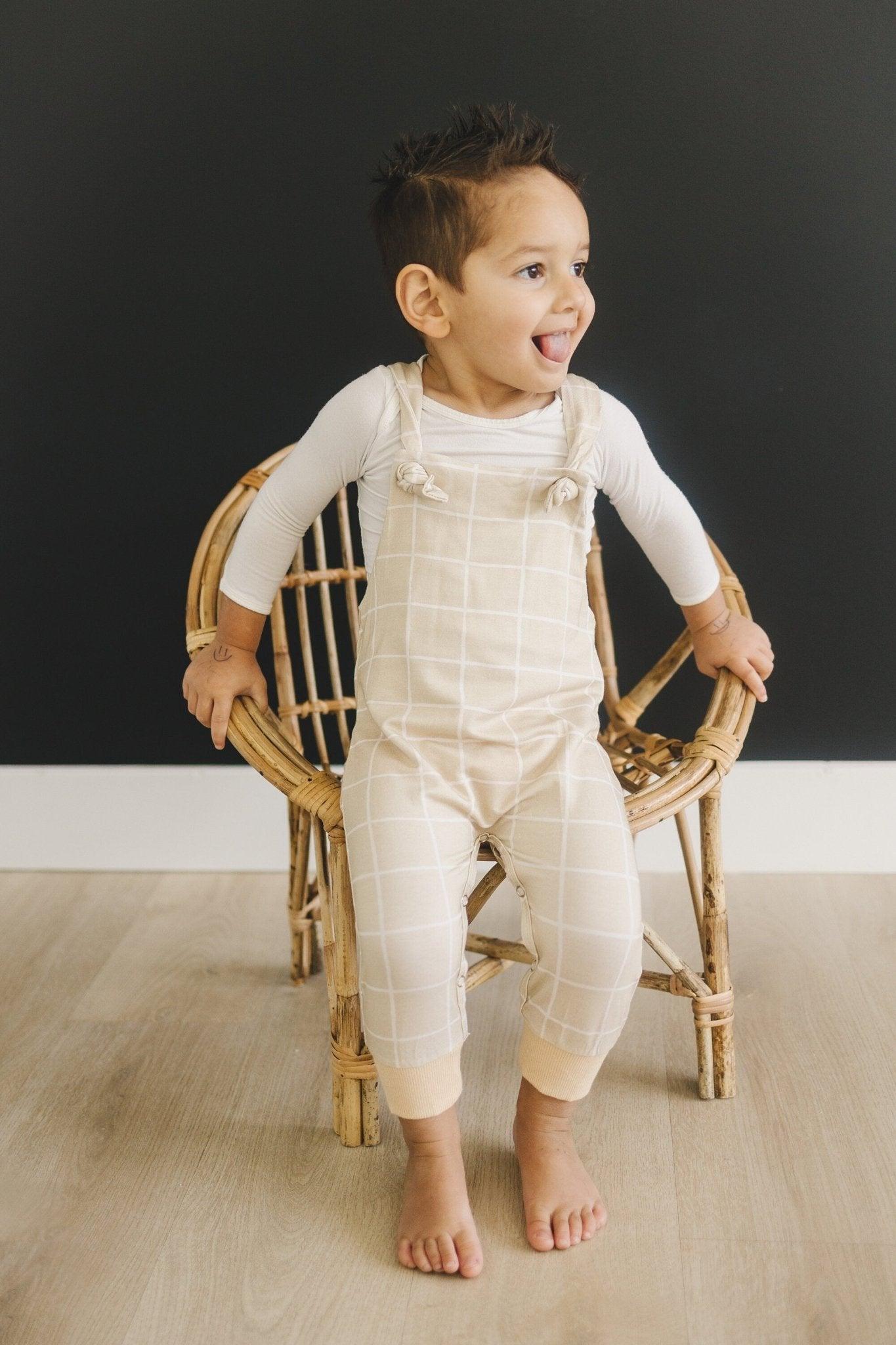 Neutral Plaid Bamboo Knotted Overalls - Little Joy Co.