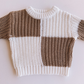 white + taupe check sweater