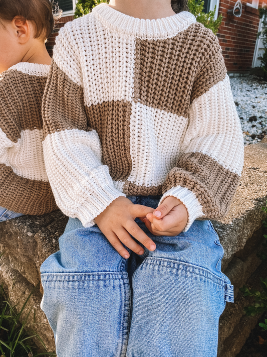 white + taupe check sweater