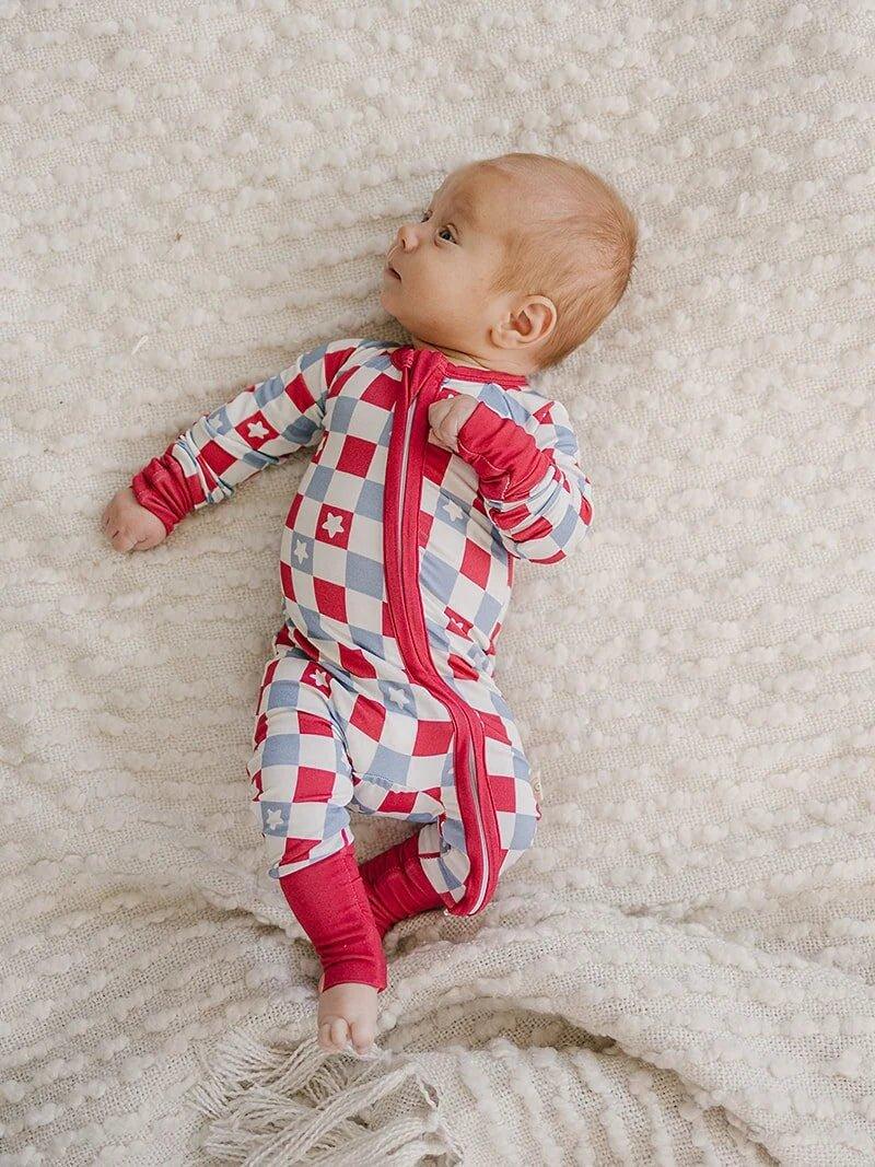 Patriotic Checker 4th of July Bamboo Zippy Romper - Little Joy Co.