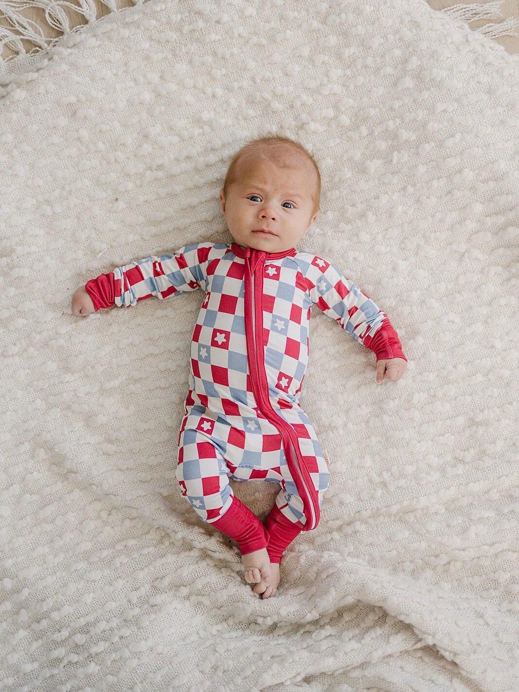 Patriotic Checker 4th of July Bamboo Zippy Romper - Little Joy Co.