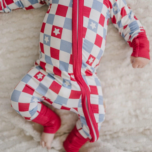 Patriotic Checker 4th of July Bamboo Zippy Romper - Little Joy Co.