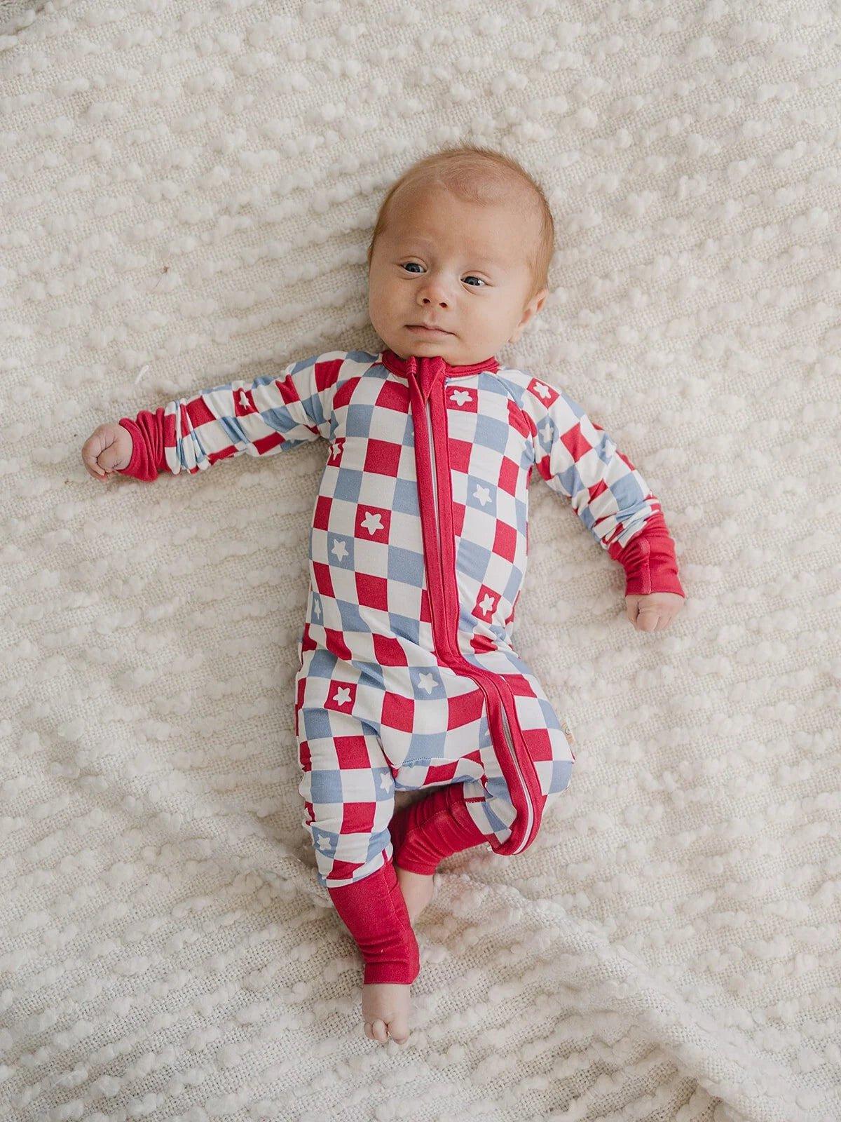 Patriotic Checker 4th of July Bamboo Zippy Romper - Little Joy Co.