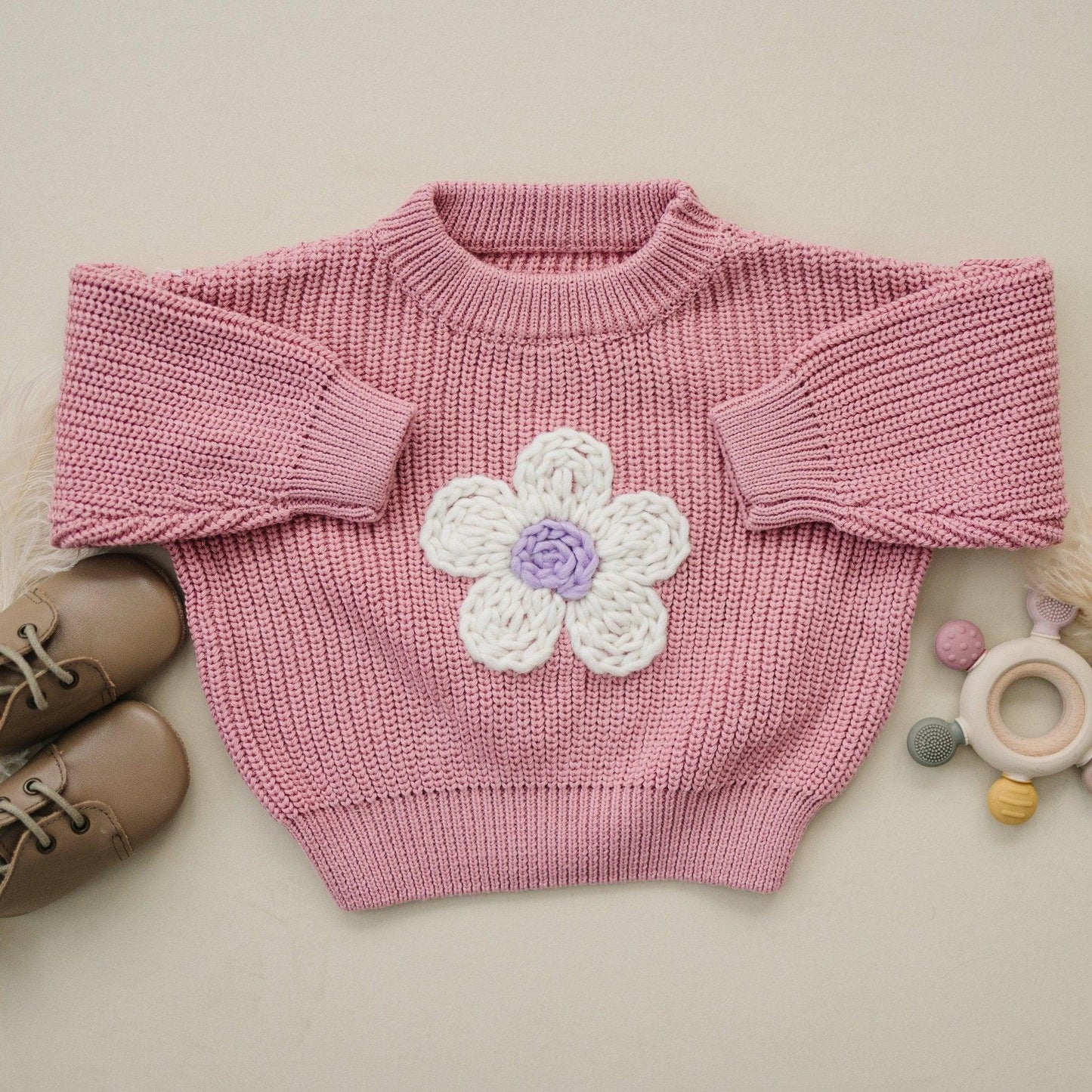 Pink Daisy Hand Embroidered Sweater - Little Joy Co.