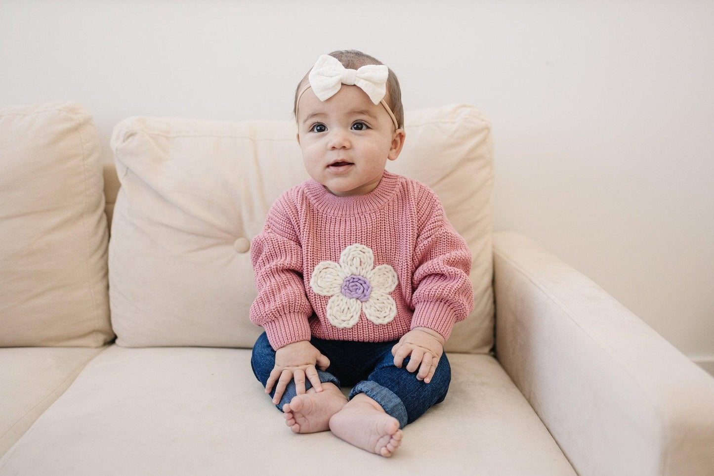 Pink Daisy Hand Embroidered Sweater - Little Joy Co.