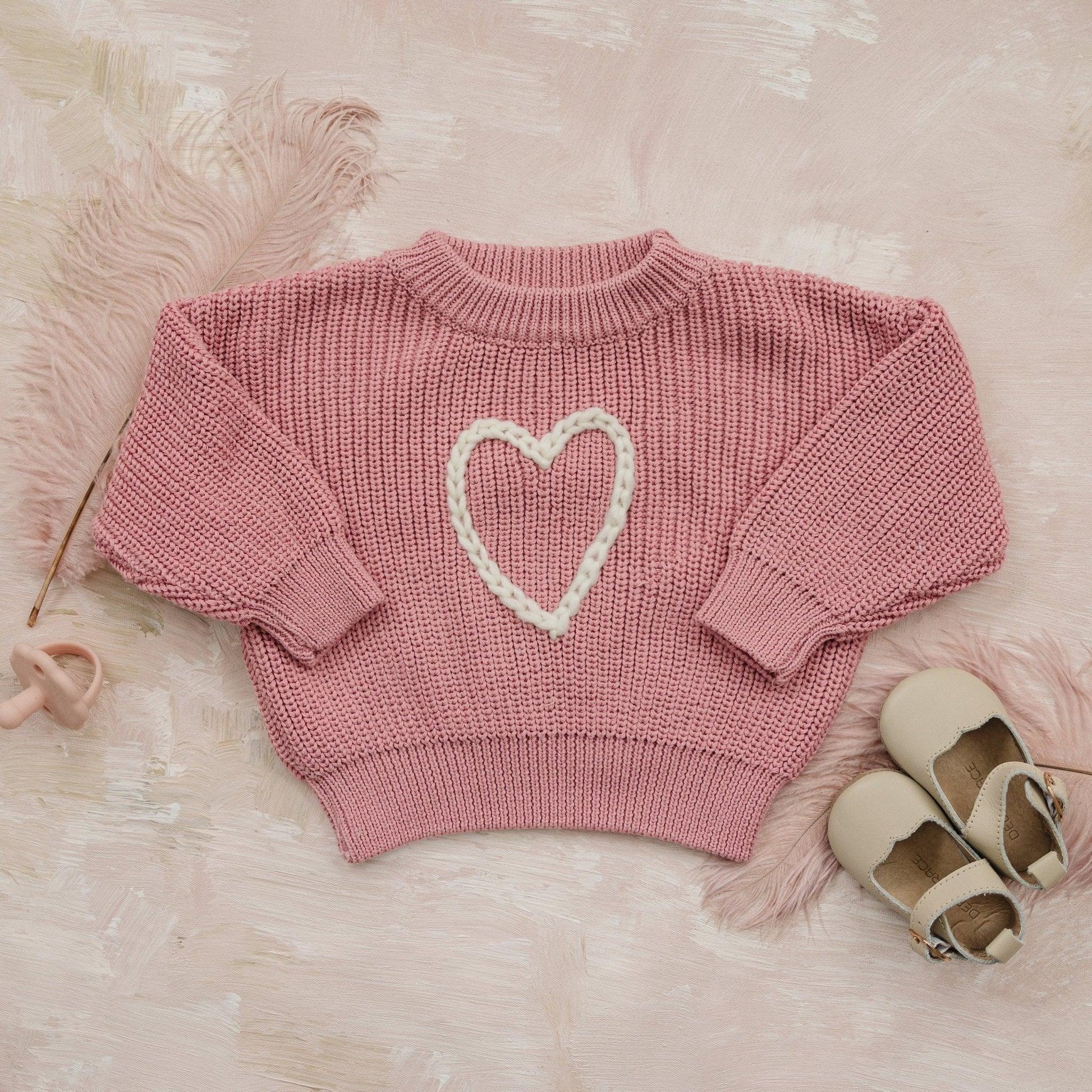 Pink Heart Hand Embroidered Sweater - Little Joy Co.