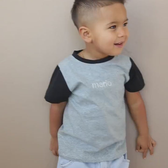 Custom Name Embroidered Colorblock Tee - Custom Toddler Shirt Baby Clothes - Toddler Boy Clothes - Gray Black Neutral