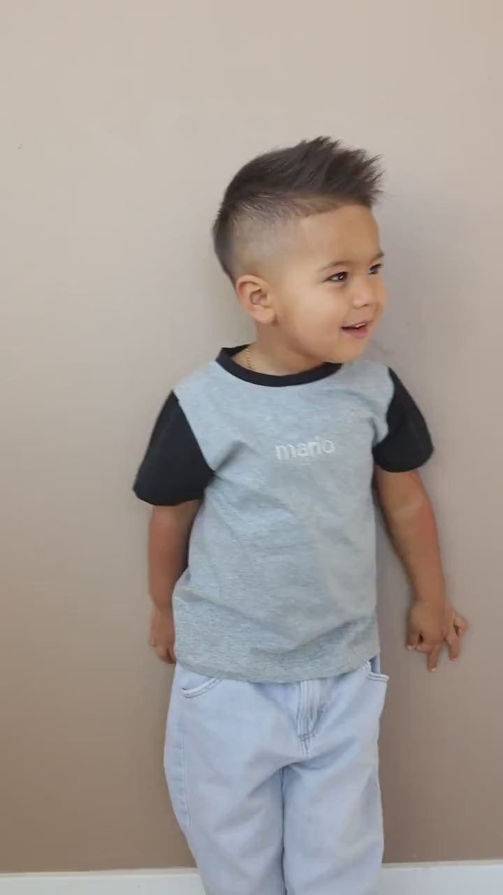 Custom Name Embroidered Colorblock Tee - Custom Toddler Shirt Baby Clothes - Toddler Boy Clothes - Gray Black Neutral