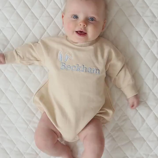 Custom Embroidered Easter Organic Cotton Sweatshirt Romper - Baby Boy or Girl - Bunny Ears Name Bubble