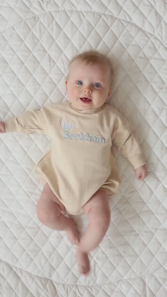 Custom Embroidered Easter Organic Cotton Sweatshirt Romper - Baby Boy or Girl - Bunny Ears Name Bubble