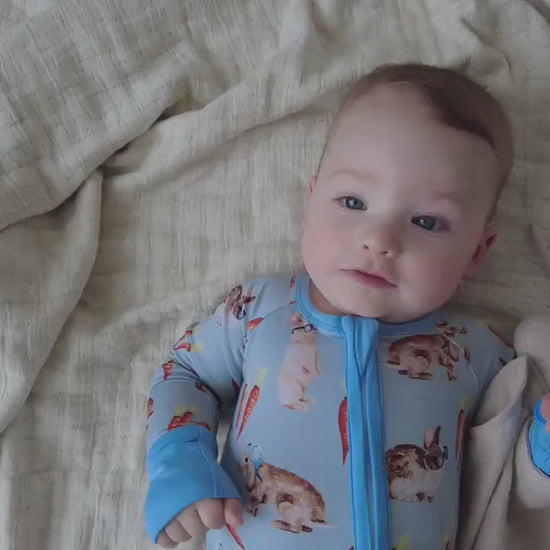 HOPPY DUDES Baby Bamboo Baby Pajamas - Rabbit Bunny Bamboo Zipper Romper - Convertible Romper PJs - Footie Pajamas - Zippy PJs - Baby Boy