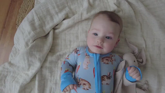 HOPPY DUDES Baby Bamboo Baby Pajamas - Rabbit Bunny Bamboo Zipper Romper - Convertible Romper PJs - Footie Pajamas - Zippy PJs - Baby Boy