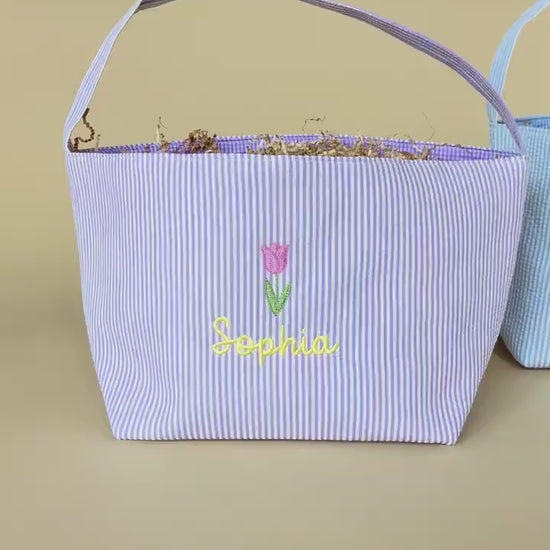 Custom Embroidered Easter Basket - Kids Name or Monogram - Seersucker Blue Purple Pink - Goose Bunny Easter Egg Tractor Floral