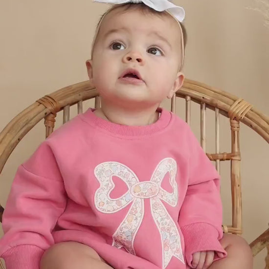 Pink Baby Romper: Floral Bow Applique Sweatshirt Outfit