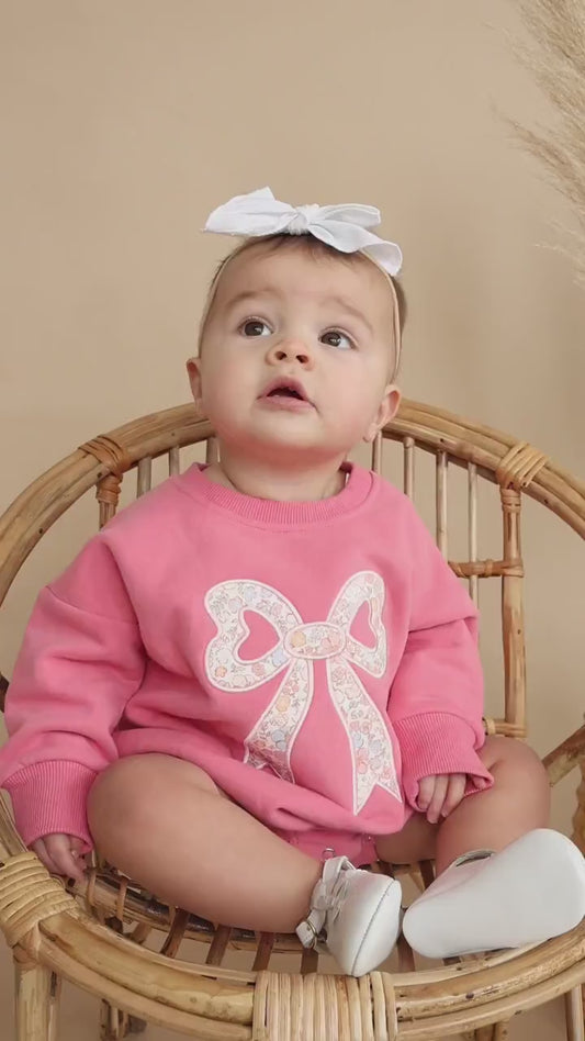 Pink Baby Romper: Floral Bow Applique Sweatshirt Outfit
