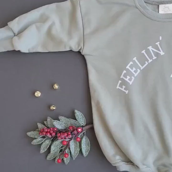 FEELIN' FESTIVE Christmas Graphic Oversized Sweatshirt Romper - Baby Bubble Romper - Bubble Romper - Baby Boy Outfit - Baby Girl - Neutral