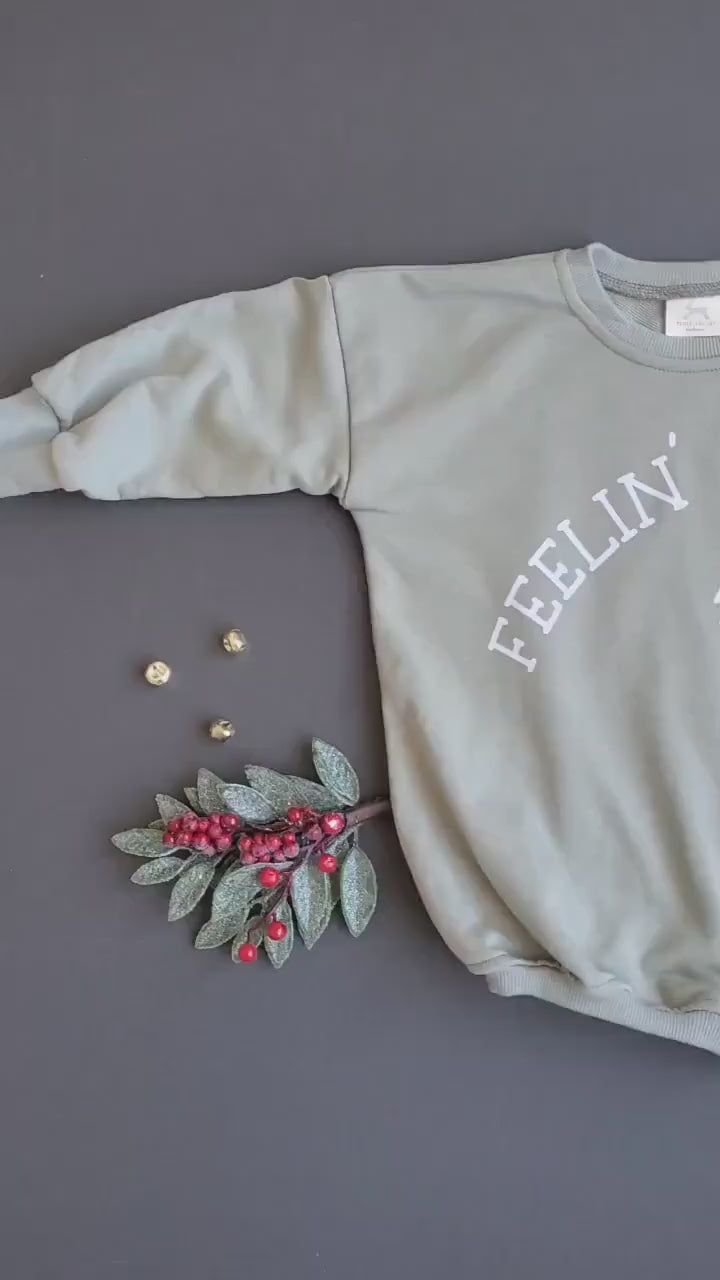 FEELIN' FESTIVE Christmas Graphic Oversized Sweatshirt Romper - Baby Bubble Romper - Bubble Romper - Baby Boy Outfit - Baby Girl - Neutral