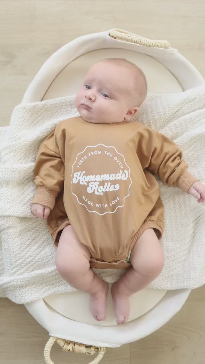 Homemade Rolls Graphic Oversized Bamboo Sweatshirt Romper - Sweater Romper - Thanksgiving Bubble Romper Outfit - Girl Boy - Handmade Rolls