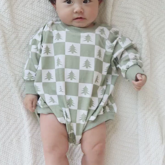 Checkered Christmas Tree Bamboo Bubble Romper - Christmas Checker Sweatshirt Romper -  Sweater Romper - Baby Boy Clothes - Bamboo Daywear