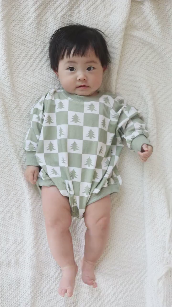 Checkered Christmas Tree Bamboo Bubble Romper - Christmas Checker Sweatshirt Romper -  Sweater Romper - Baby Boy Clothes - Bamboo Daywear