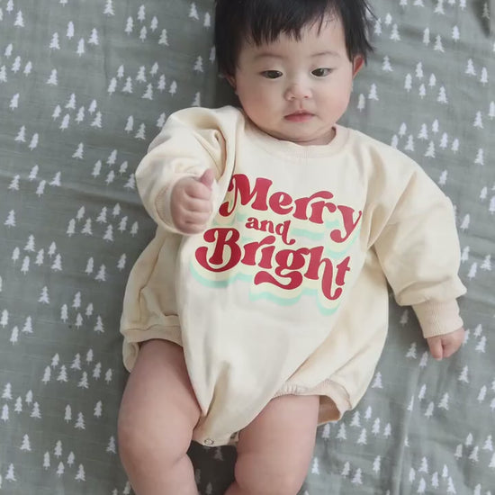 MERRY AND BRIGHT Christmas Graphic Oversized Sweatshirt Romper - Baby Bubble Romper - Bubble Romper - Baby Boy Outfit - Baby Girl - Neutral