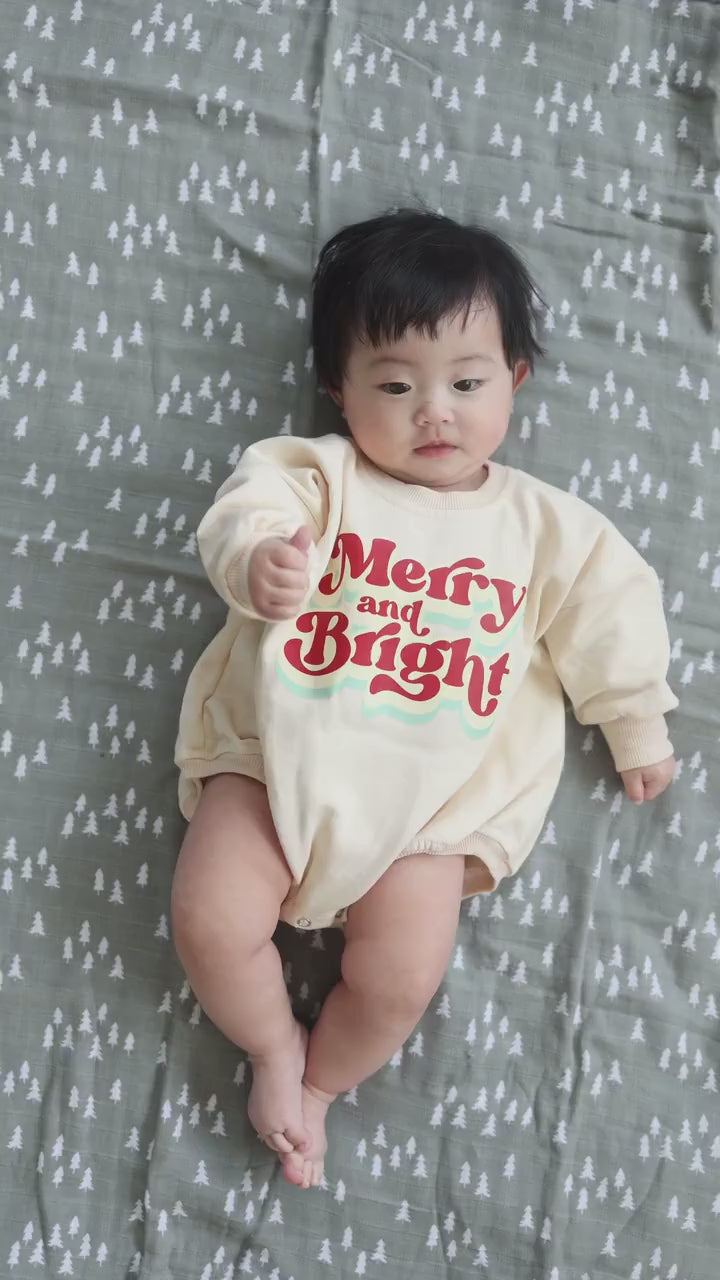 MERRY AND BRIGHT Christmas Graphic Oversized Sweatshirt Romper - Baby Bubble Romper - Bubble Romper - Baby Boy Outfit - Baby Girl - Neutral