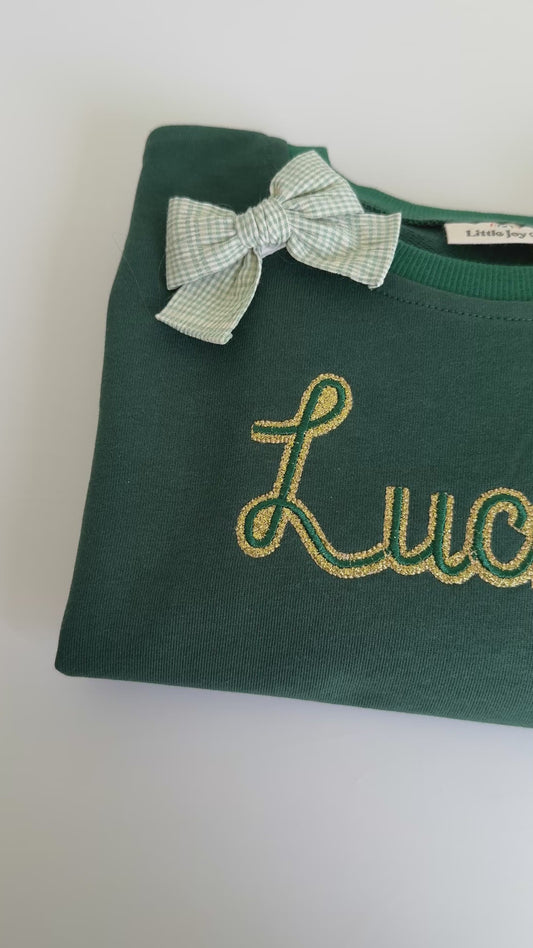 Custom Embroidered St. Patrick's Day Sweatshirt or Sweatshirt Romper - Gold Sparkle