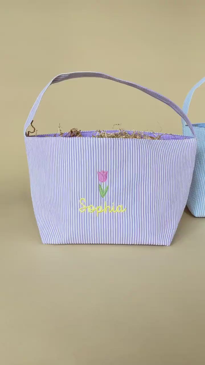 Custom Embroidered Easter Basket - Kids Name or Monogram - Seersucker Blue Purple Pink - Goose Bunny Easter Egg Tractor Floral
