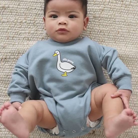 Silly Goose Oversized Sweatshirt Romper - Neutral Baby Bubble Romper - Baby Boy Outfit - Baby Girl Clothes - Blue Taupe - Geese Duck