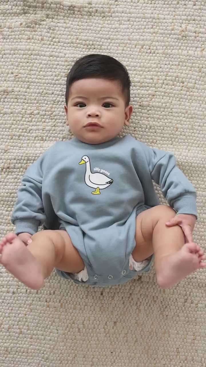 Silly Goose Oversized Sweatshirt Romper - Neutral Baby Bubble Romper - Baby Boy Outfit - Baby Girl Clothes - Blue Taupe - Geese Duck