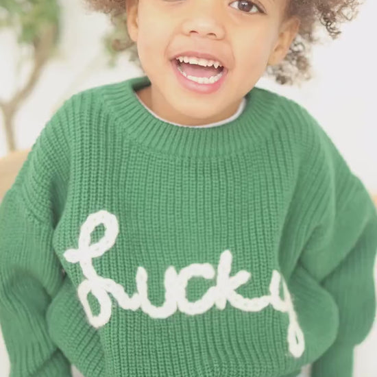 Lucky Hand Embroidered Chunky Knit Sweater for Babies & Toddlers - St. Patrick's Day Embroidered Baby Sweater - Baby Boy or Girl - Green