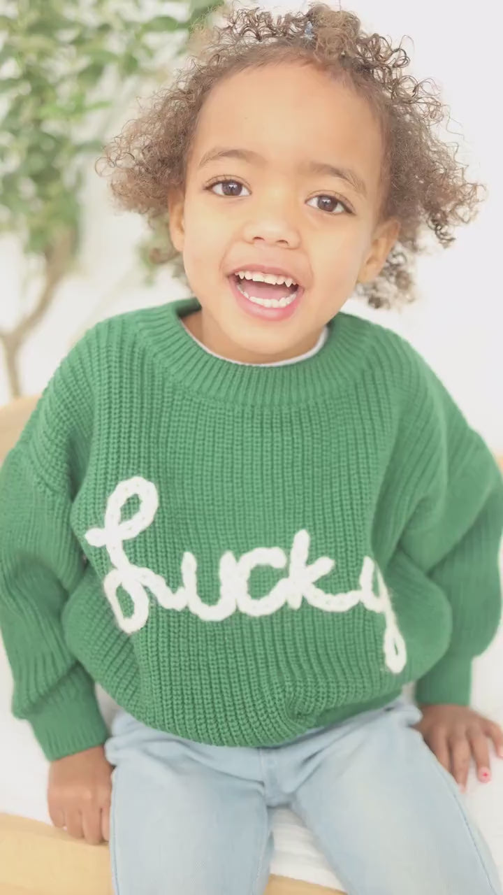 Lucky Hand Embroidered Chunky Knit Sweater for Babies & Toddlers - St. Patrick's Day Embroidered Baby Sweater - Baby Boy or Girl - Green