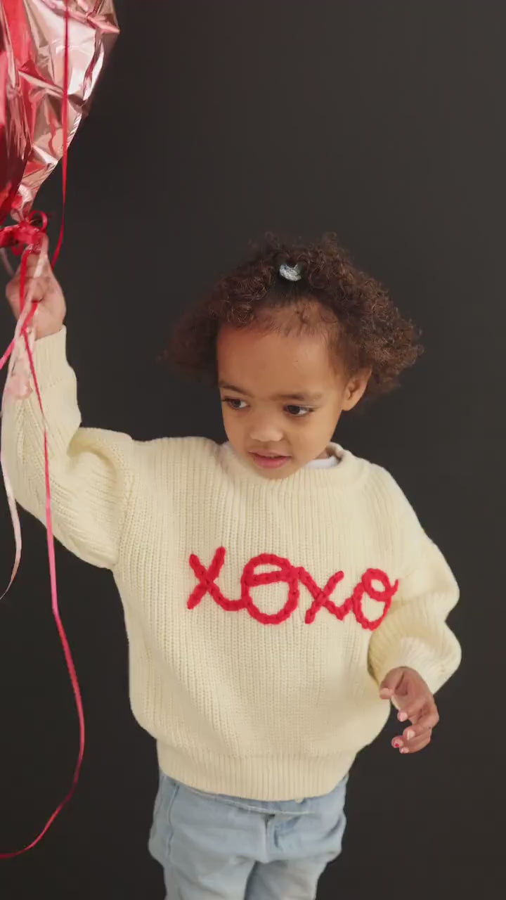 XOXO Hand Embroidered Chunky Knit Sweater for Babies & Toddlers - Valentine's Day Embroidered Baby Sweater - Baby Boy or Girl - Red VDay