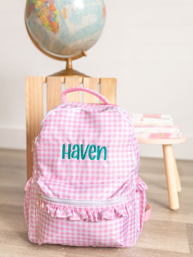 Custom Embroidered Ruffle Backpack - Gingham or Stripes