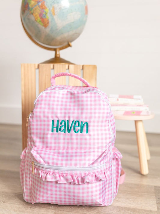 Custom Embroidered Ruffle Backpack - Gingham or Stripes