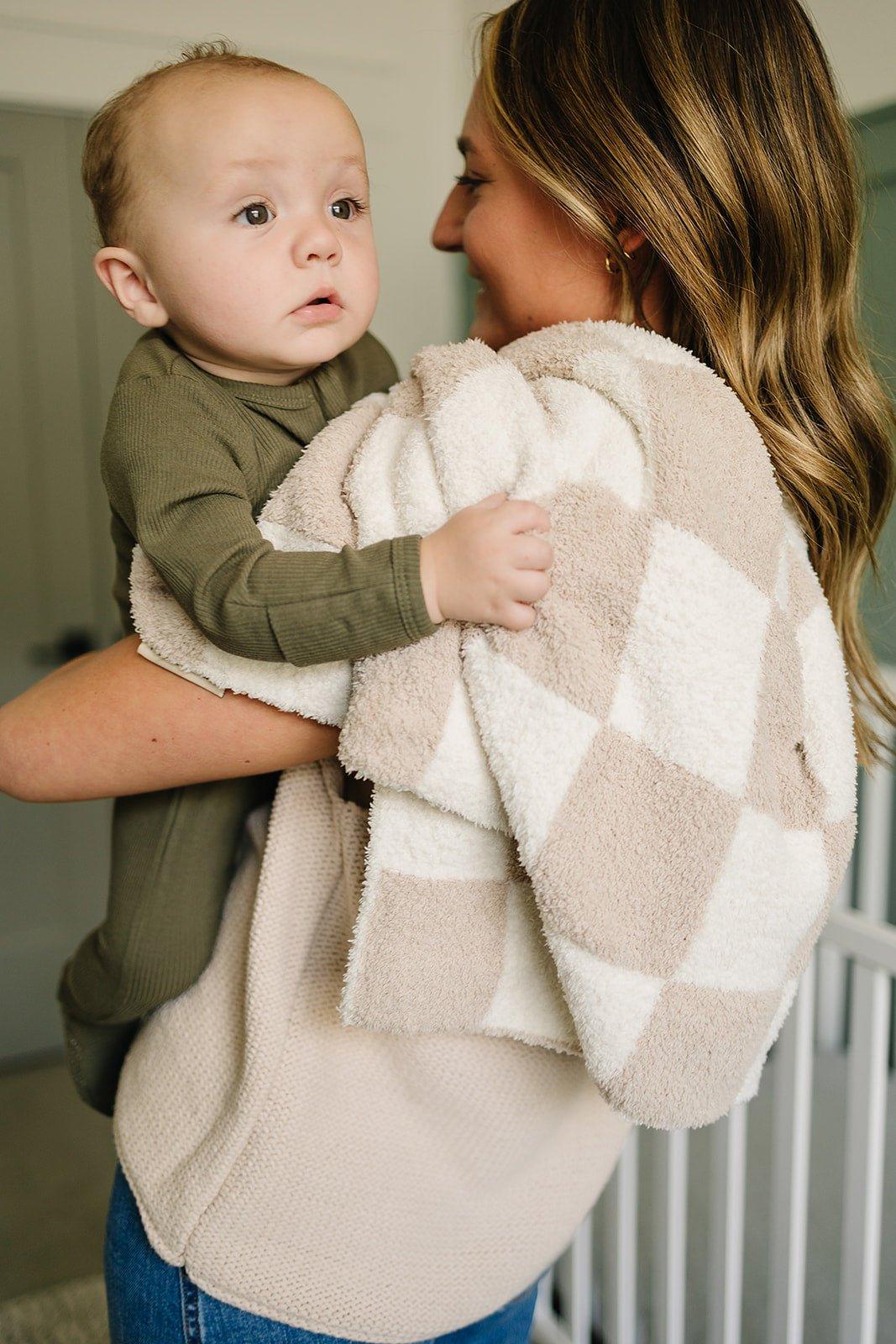 Taupe Checkered Plush Blanket - Little Joy Co.