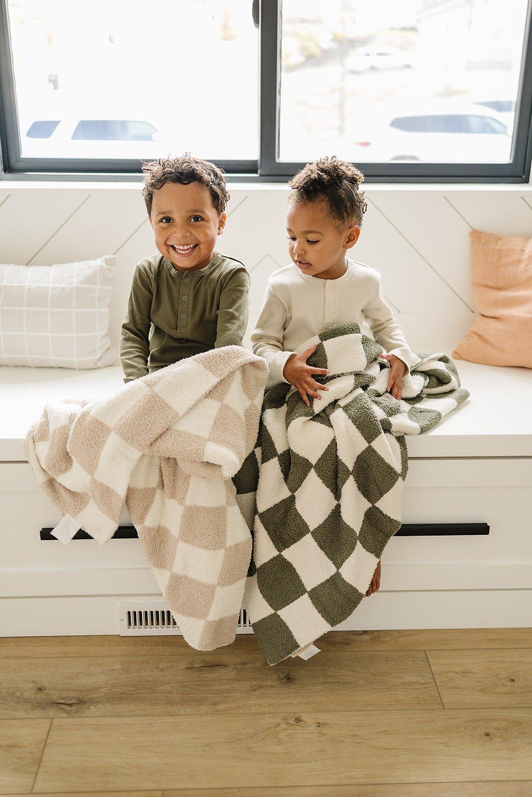 Taupe Checkered Plush Blanket - Little Joy Co.