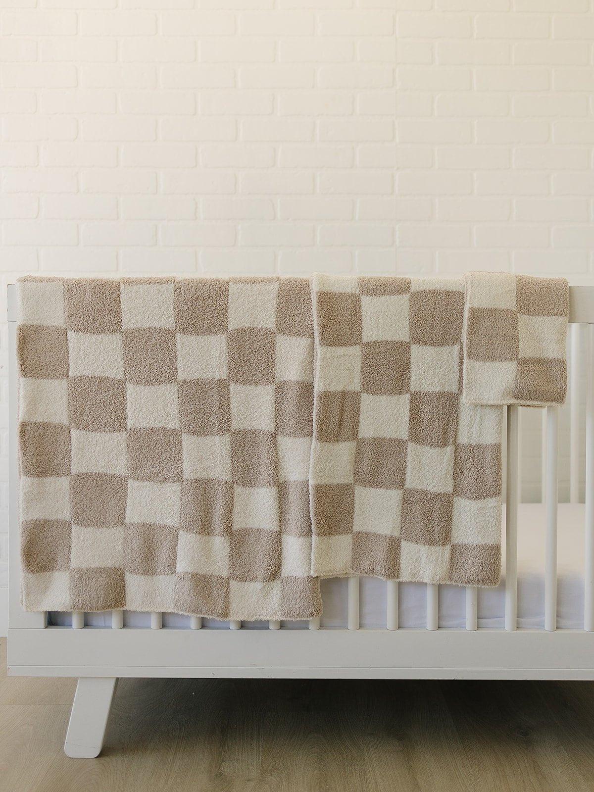 Taupe Checkered Plush Blanket - Little Joy Co.