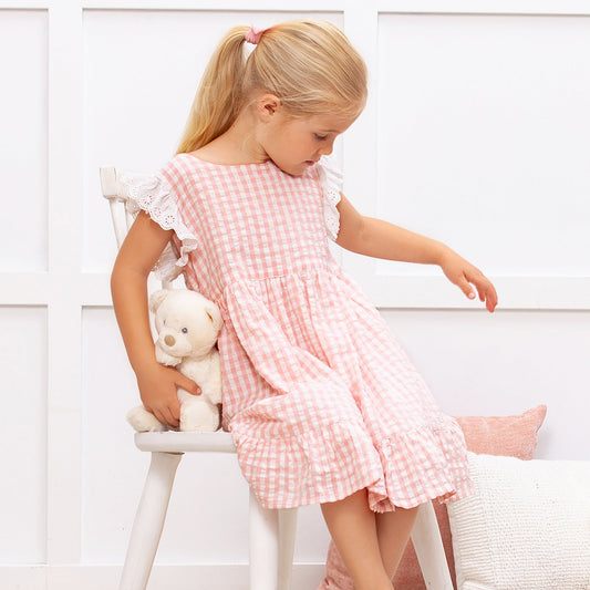 Pink Gingham Cotton Dress with Eyelet Flutter Sleeves